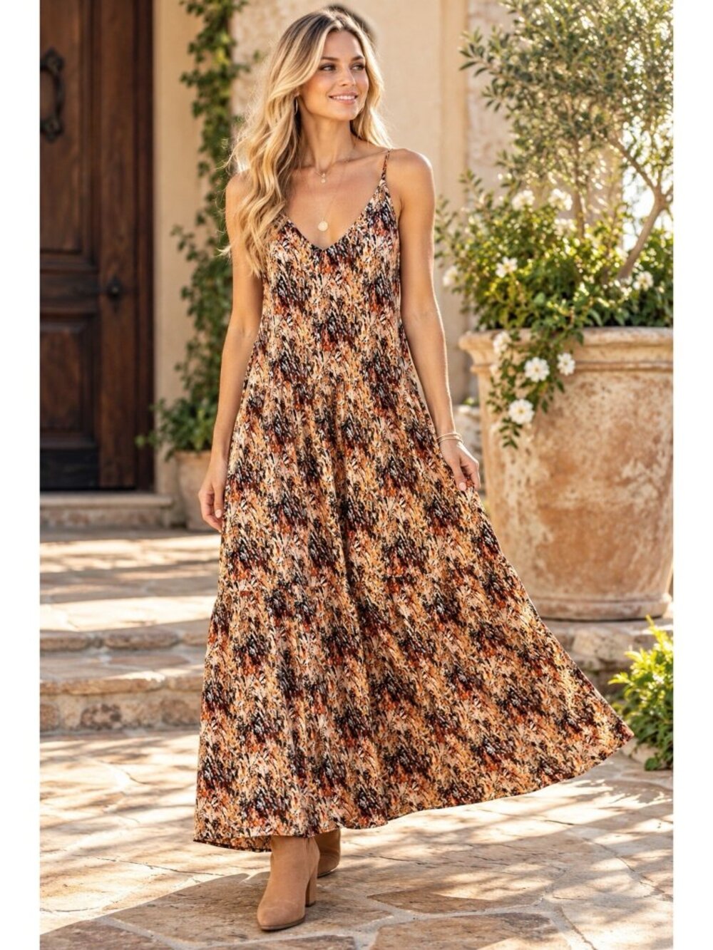 THML Maxi Dress SZ XS Abstract Print Boho Spaghetti Strap Flowy Lined Fall